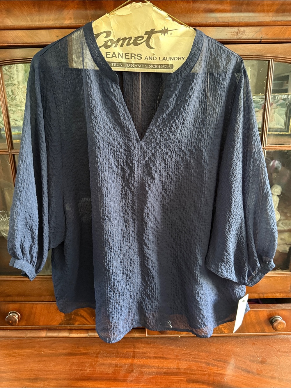 Sejour Navy Textured V-Neck Balloon Sleeve Blouse
